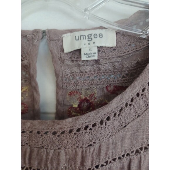 Umgee floral embroidered boho blouse S mocha brown lace trim peasant hippie - Picture 3 of 10